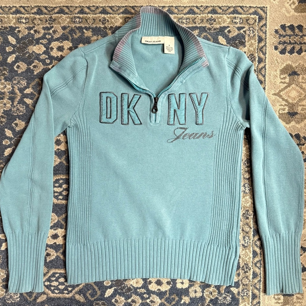 DKNY Y2K McBling Quarter Zip Knit Sweater Aqua Blue Big Logo Bedazzled  — size M